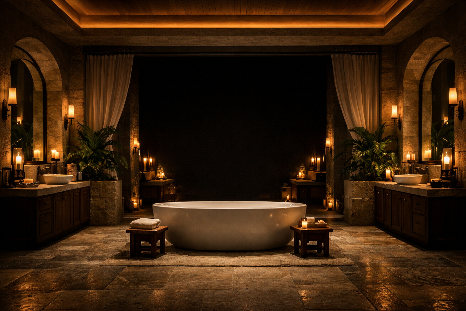 Luxury sanctuary bathroom with freestanding tub, heated stone floors, and warm ambient lighting